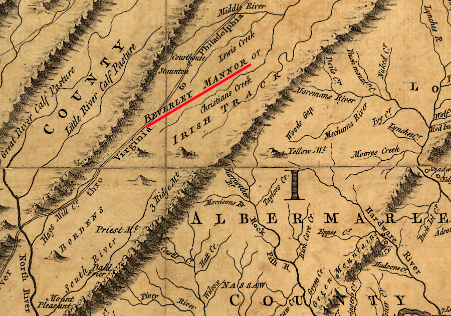 Benjamin Borden's 92,200 acre Irish Tract was located south of William Beverley's 118,491 acre grant in the Shenandoah Valley