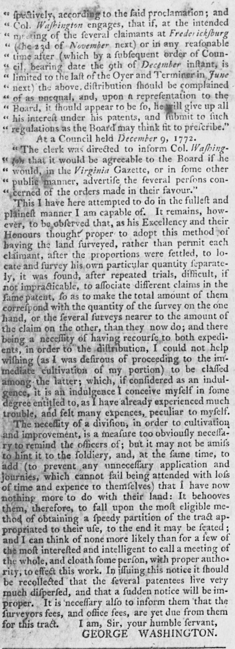 George Washington managed the surveys required for patenting parcels to veterans of the French and Indian War