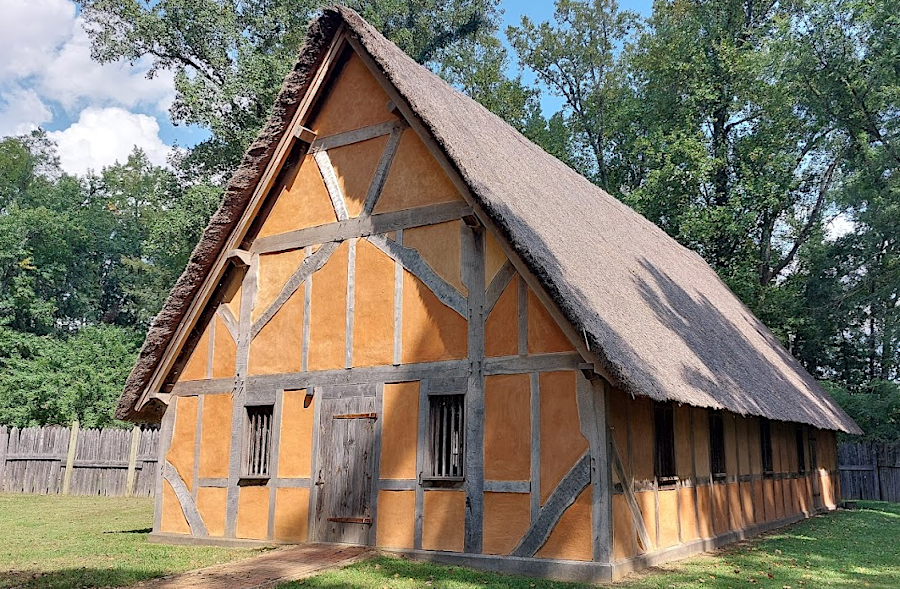 the reconstructed church at Henricus Historical Park, like other buildings, was made using wattle and daub for walls and a thatch roof