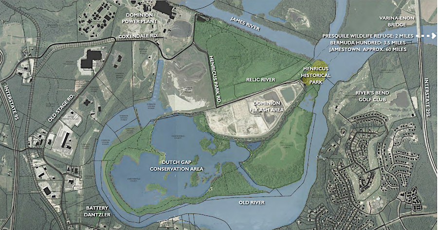 a recreation of the 1611-22 town of Henricus is located on Farrar's Island, next to Dutch Gap Canal