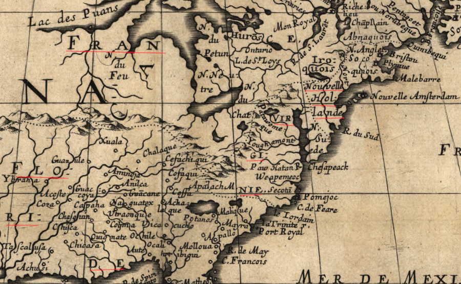 dotted lines on a French map indicate the presumed territories of France, England, Spain, and the Netherlands in 1650