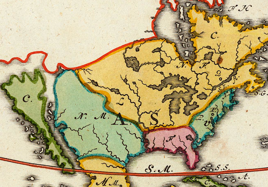European claims to North America in 1719, from west to east: California, New Mexico, New France, Florida, Virginia