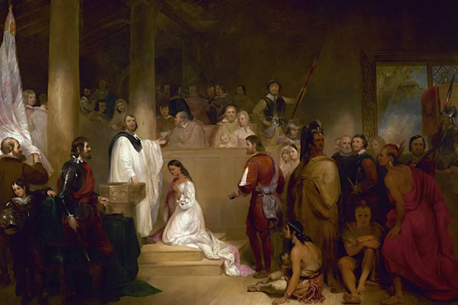 a painting in the US Capitol portrays Reverend Alexander Whiteaker baptizing Pocahontas, though the Anglican churches at Henricus and Richmond had no marble columns