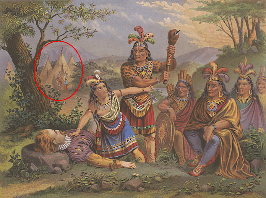 John Smith's claim of a rescue has been portrayed in many historically-incorrect ways, including Great Plains tipis from west of the Mississippi River