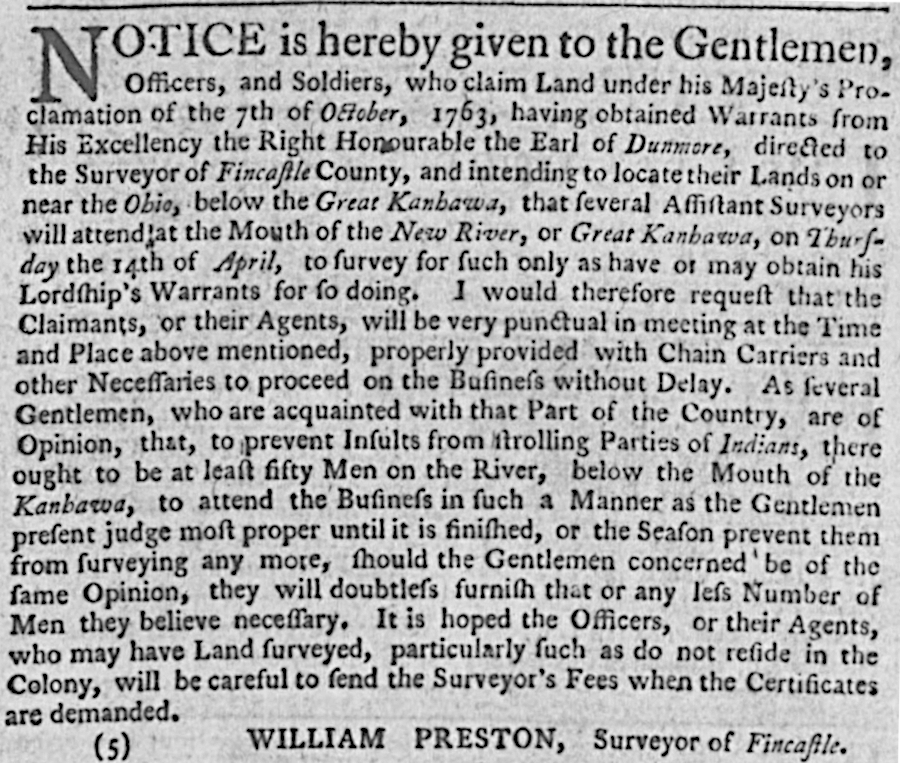 in 1774, William Preston advertised in Williamsburg that he planned to survey parcels located west of the 1763 Proclamation Line