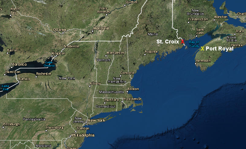 French settlers started at St. Croix Island in 1604, then moved a year later to Port Royal  (Quebec started in 1608, and Montreal in 1642)