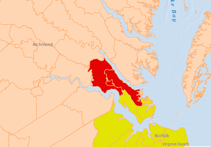 in 2018, three localities in Southeastern Virginia (red) had a 7% sales tax, while others had 6% (yellow) or 5.3% (tan)