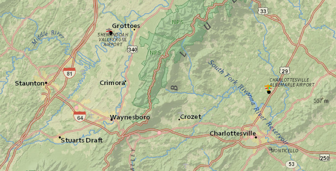 Shenandoah Valley Regional Airport (SHD) and Charlottesville-Albemarle (CHO) Airport are separated by the barrier of the Blue Ridge, including Shenandoah National Park
