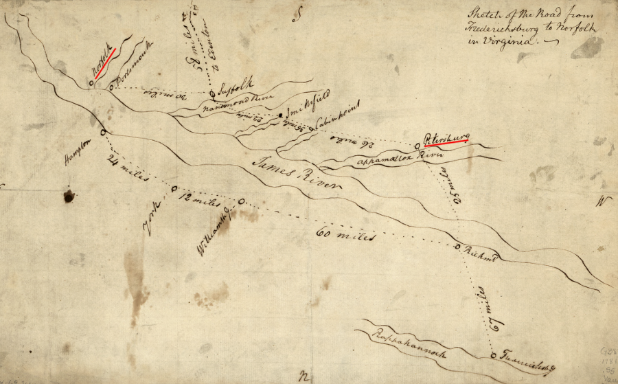 US460 between Petersburg-Norfolk follows a route that dates back to colonial times (note cardinal directions - south is towards top of sketch)