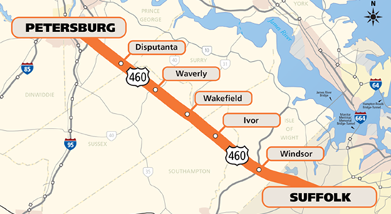US 460 was built as a straight-through-the-swamp highway between Suffolk-Petersburg