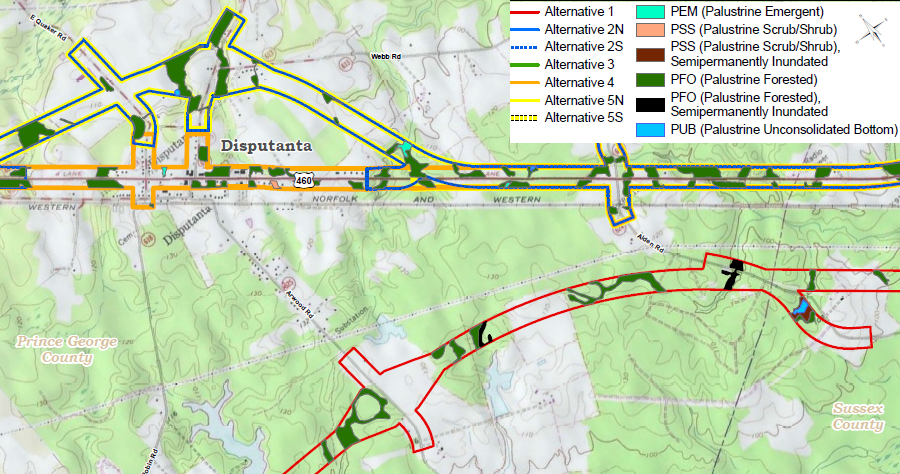 analysis of alternatives documented that 85% fewer acres of wetlands would be affected by construction of bypasses rather than building a new 4-lane highway