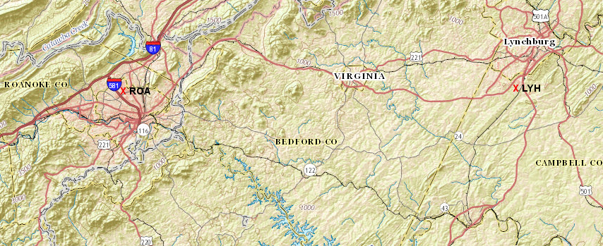 the Roanoke-Blacksburg Regional Airport (ROA) is one hour west of the Lynchburg Regional Airport (LYN), and offers service to more destinations