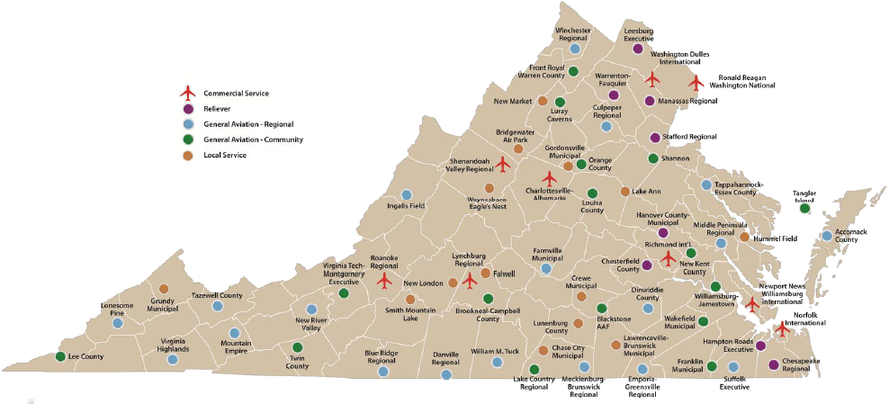 there are General Aviation airports in Southwestern Virginia south and west of Roanoke, but no airport in that region of Virginia offers scheduled commercial passenger service (indicated by a red airplane symbol)