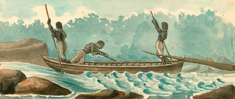 before completion of the James River and Kanawha Canal, slaves guided bateaux downstream with tobacco, flour, and other cargo to be sold in Richmond