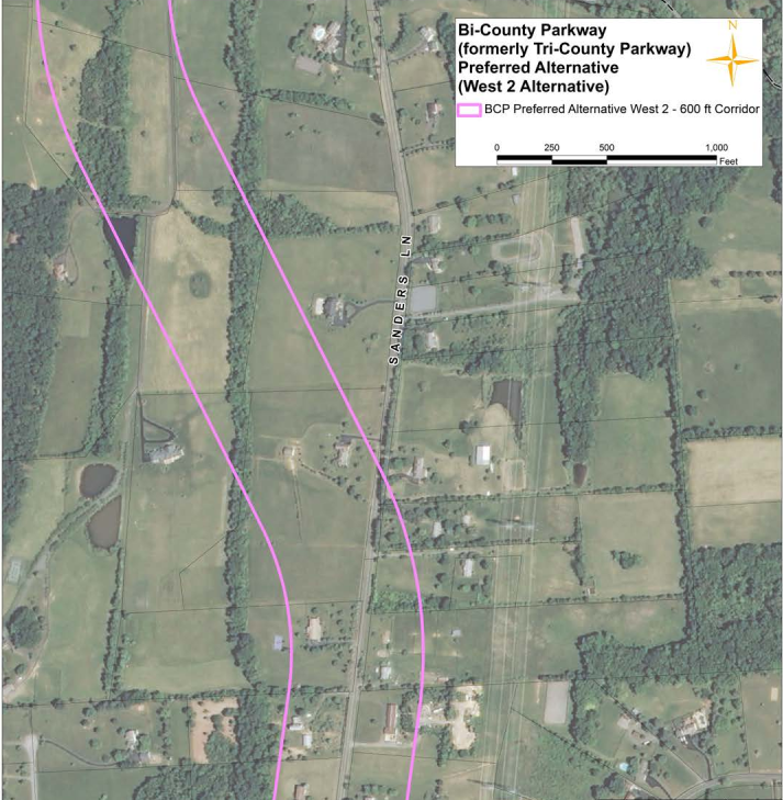 the route of the proposed parkway veered to the west to avoid the Gwatkin House on Sanders Lane