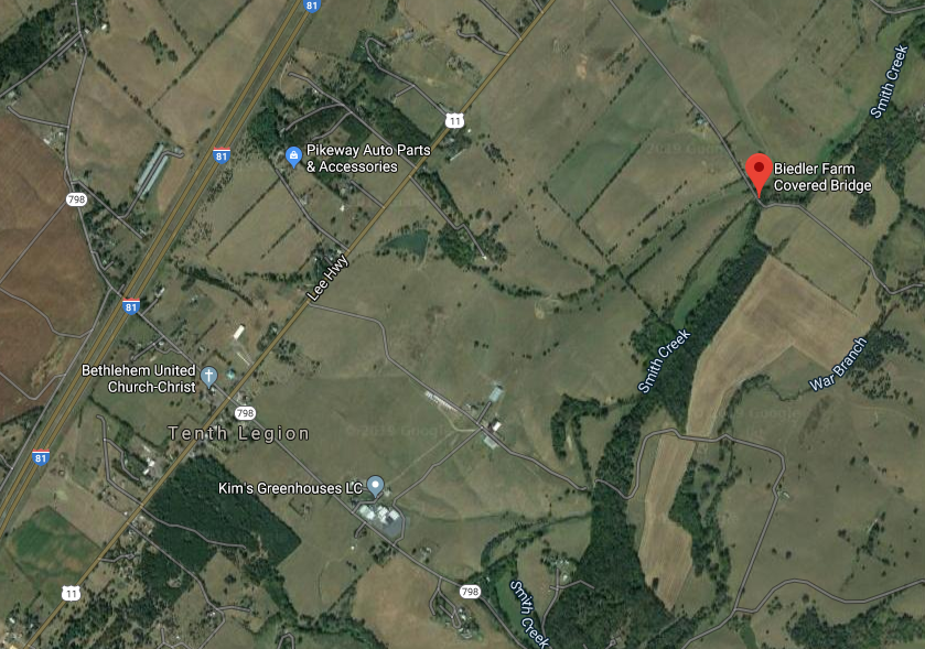 the Biedler Farm covered bridge is on private land, not open to public viewing, northeast of Tenth Legion between I-81 and the Blue Ridge