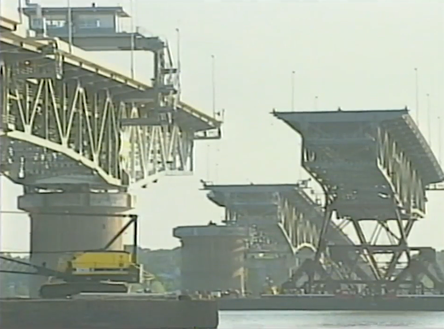 the last piece of the new four-lane bridge to be installed in 1996 was the swing span on the Gloucester end