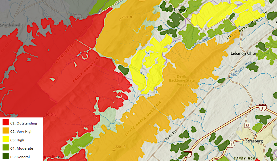 extending Corridor H to I-81 would cut through high-value ecological cores in the Valley and Ridge physiographic province