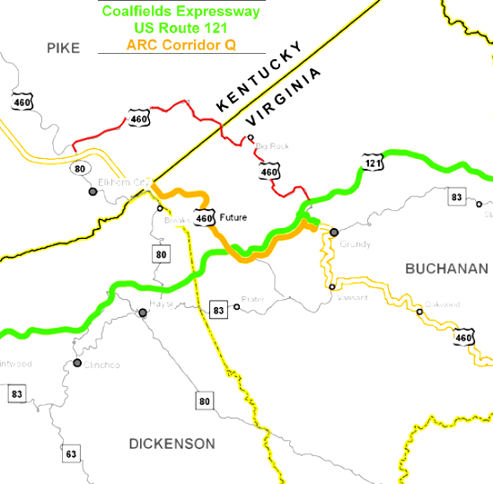 Corridor Q will shift US 460 (portion in red will be replaced)