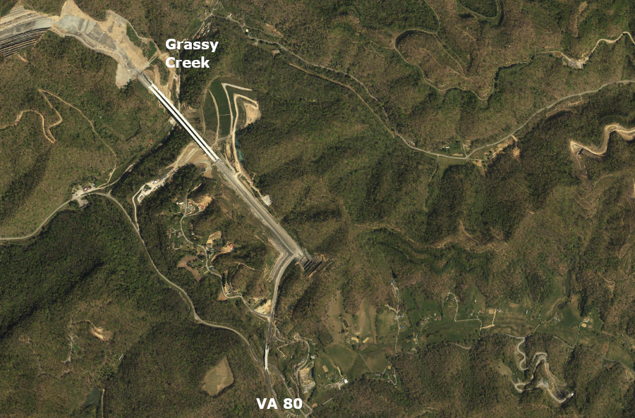 the four-lane bridge oner Grassy Creek connects to just two-lane VA 80 in Virginia, until the rest of the Corridor Q 460 Connector is completed in Buchanan County