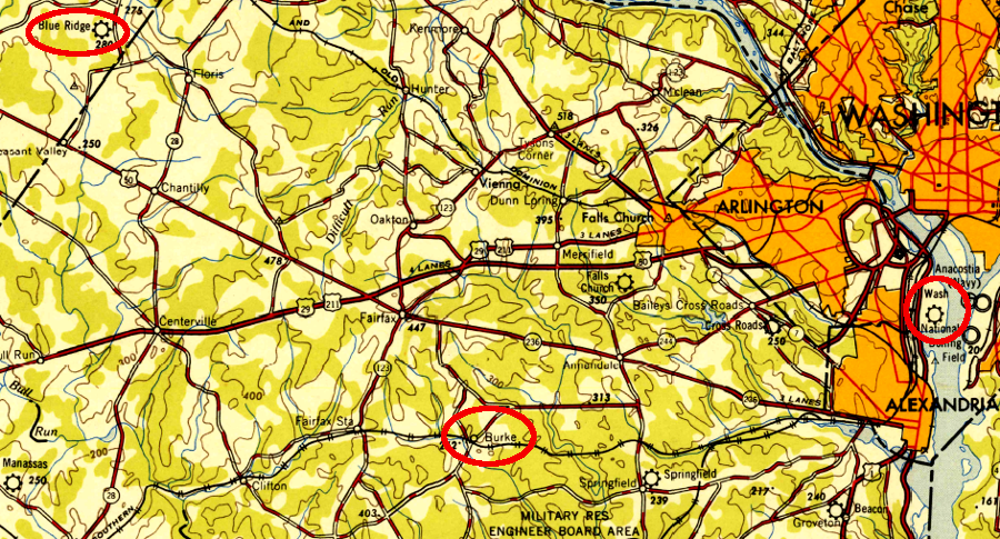 after it was clear National Airport could not meet all demands for air travel in the 1950's, the two sites selected for a second Federal airport to serve DC were at Burke and then Willard/Chantilly, replacing Blue Ridge Airport