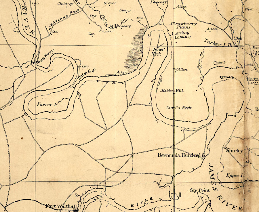before canals were excavated as short-cuts, the James River shipping channel followed the blue line (Dutch Gap Canal/Aiken Swamp Cutoff is red line