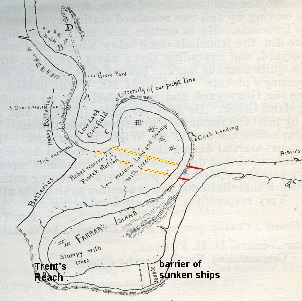 in 1865 Union troops cut Dutch Gap Canal (red lines) through one bend in the James River in 1864, but the 1878 canal cut through two bends
