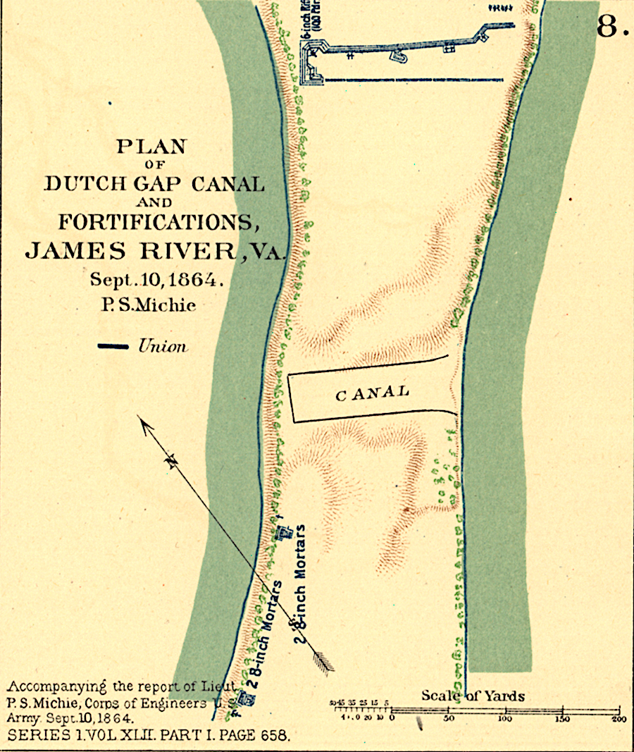 the Dutch Gap Canal was cut almost east-west through Farrar's Island, a tight bend in the James River