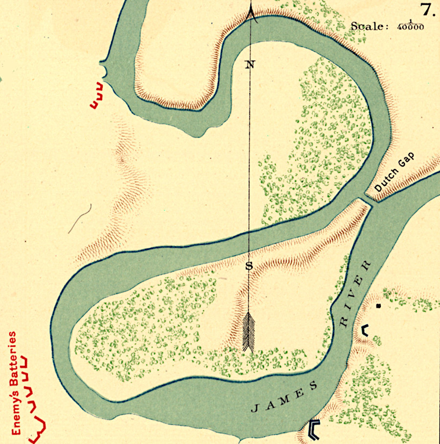 the Dutch Gap Canal was cut almost east-west through Farrar's Island, a tight bend in the James River