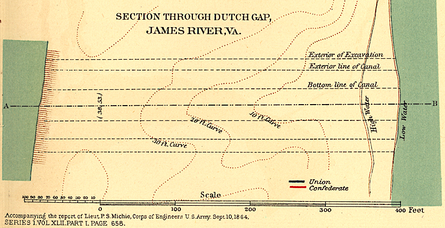the excavation was 43 yards wide at the top, 27 yards at water level, and 13.5 yards at a depth of 15 feet below water level