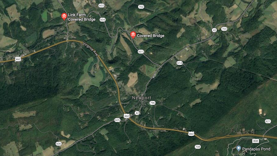 the Link Farm and Sinking Creek covered bridges are close to each other, near Newport in Giles County