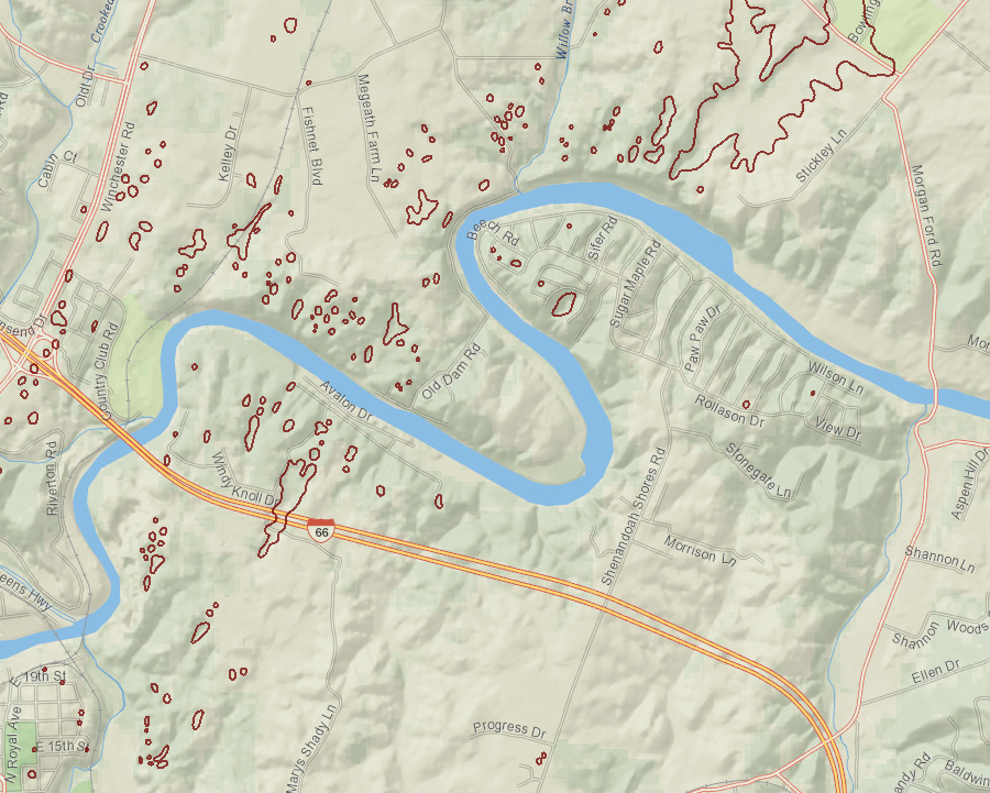 the western end of I-66 crosses karst topography with sinkholes in the Shenandoah Valley near Front Royal