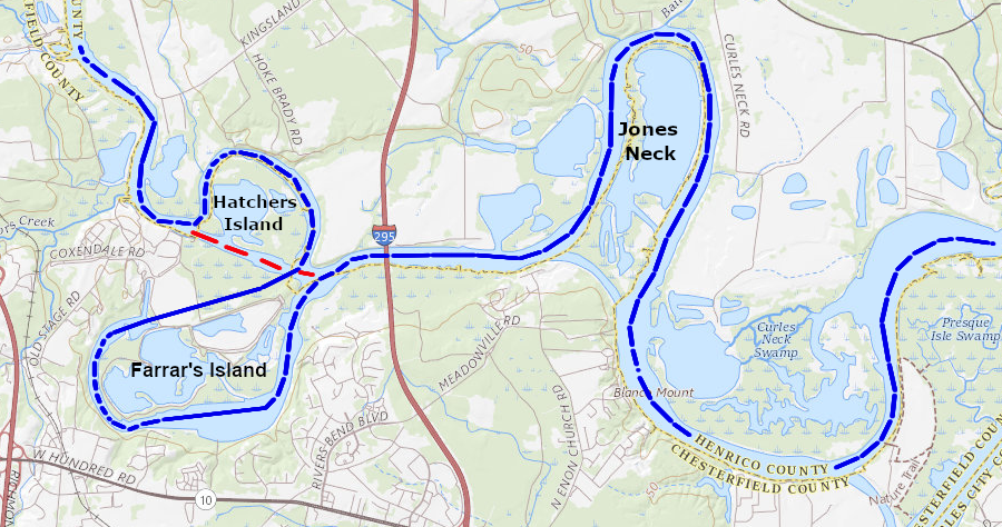before canals were excavated as short-cuts, the James River shipping channel followed the blue line (Dutch Gap Canal/Aiken Swamp Cutoff  is red line)
