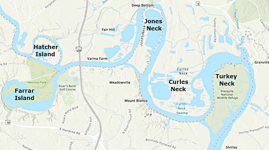 ships had to navigate around multiple bends in the James River before canals were cut through them after the Civil War