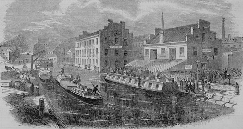 passenger and cargo boats on the James River and Kanawha Canal in Richmond