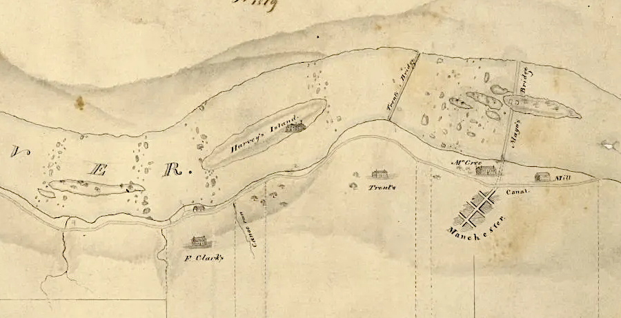 the Manchester Canal, completed around 1800, provided waterpower for industries located at the Fall Line on the south bank of the James River