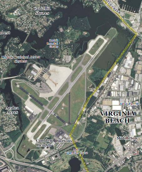 Norfolk International Airport (ORF) has one main runway and a parallel taxiway; the perpendicular and shorter crosswind runway was closed to commercial traffic in 2016 and completely closed in 2025