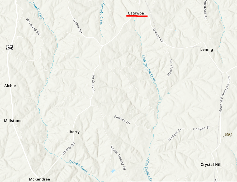 the ancient road sign to Barksdales Store leads to what is now known as Catawba (Halifax County)