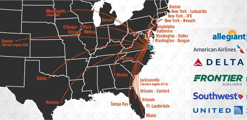 Allegiant Airlines began to fly out of Norfolk in 2017, and Frontier in 2018