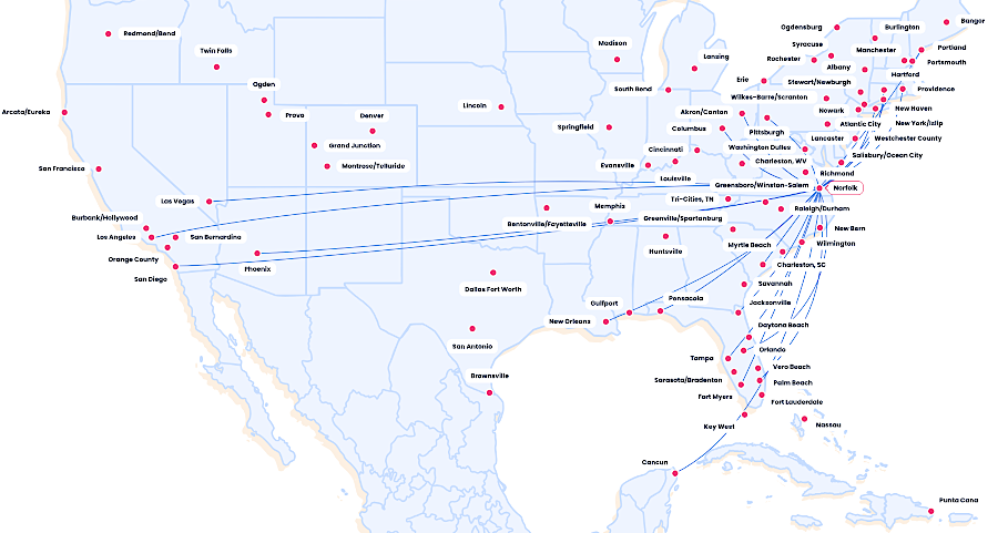 Breeze initiated seasonal flights from Norfolk to Cancun in early 2026