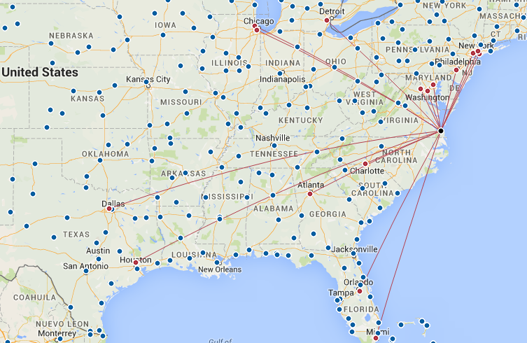 Norfolk's airport offered non-stop service as far west as Dallas and Houston in 2016, but all other non-stop destinations were east of the Mississippi River