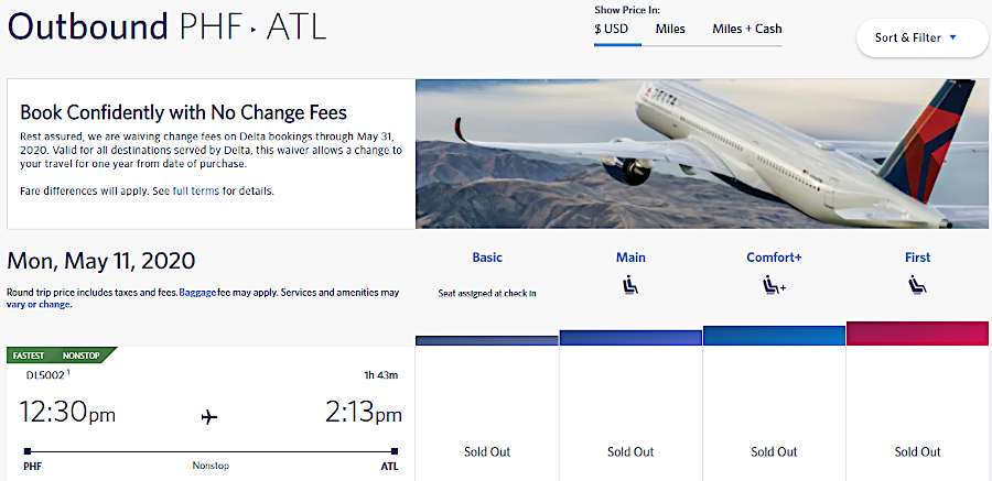 the one remaining flight to Atlanta on May 11, 2020 was completely booked before service ended on May 13