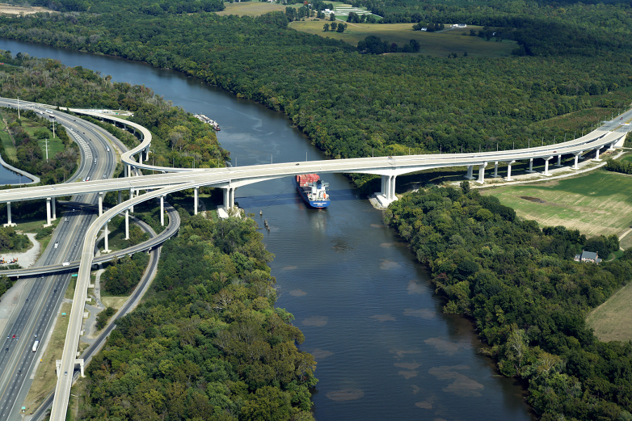 the Pocahontas Parkway bridge across the James River was built high enough to permit ship traffic to pass below without opening a drawbridge