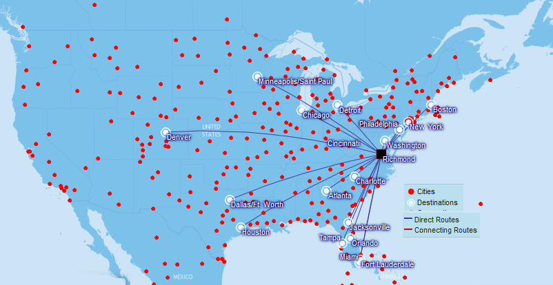 in 2016, American Airlines, Delta Air Lines, JetBlue Airways, Southwest Airlines, United Airlines and Allegiant flew from Richmond International Airport to hubs where passengers could catch another flight to an international destination
