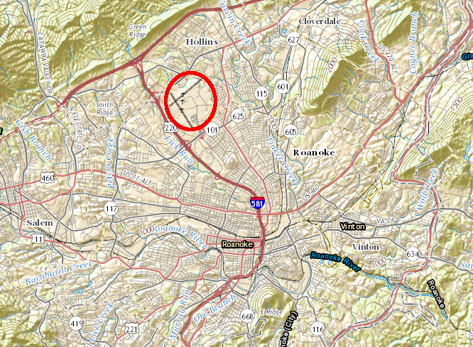 the Roanoke Regional Airport is located in the valley of the Roanoke River, bracketed by mountains to the east and west