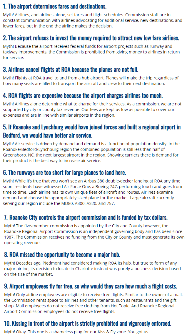 the airport has sought to dispel myths about cost and service on its website