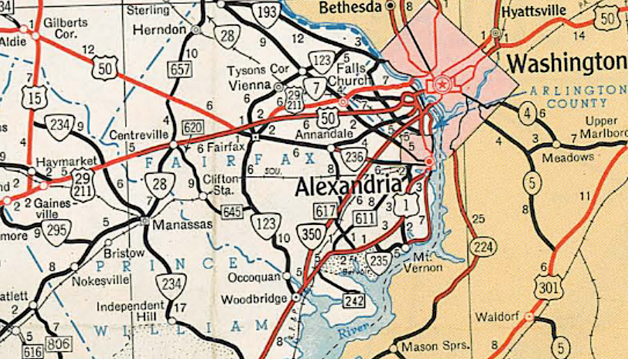 in 1949, the Shirley Highway (VA 350) was a two-lane road between the Occoquan River and Route 617 (Fort Belvoir) before being widened in 1950 to four lanes
