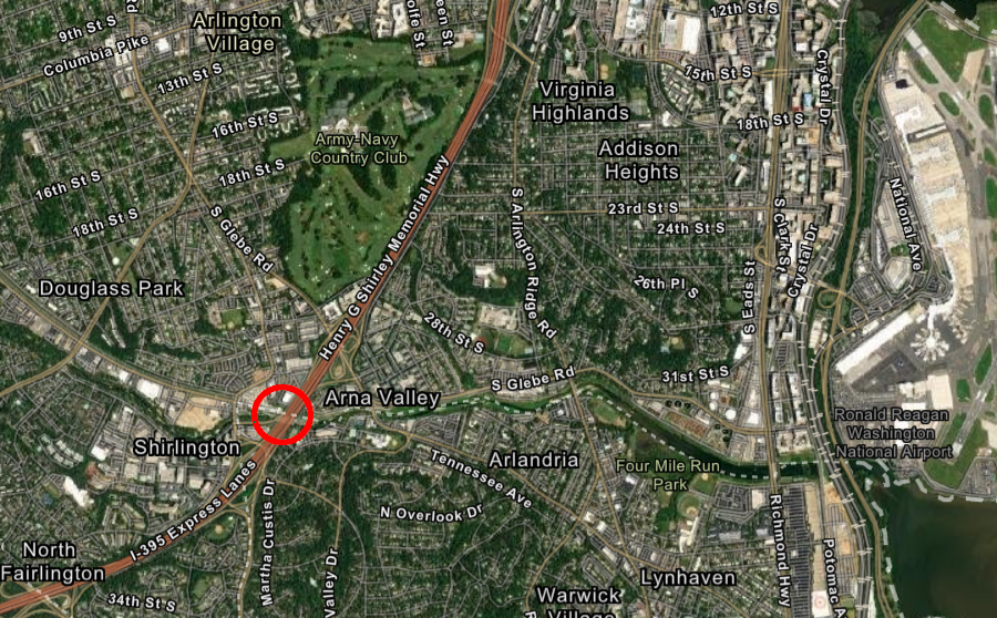 the former railroad crossing is now where the Washington and Old Dominion trail crosses under I-395 at Four Mile Run