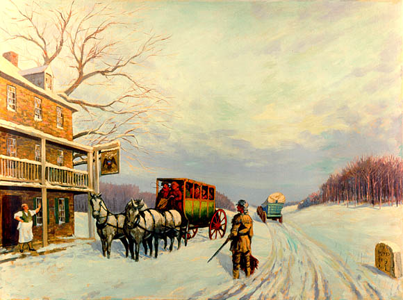 stagecoaches pulled by teams of horses stopped at ordinaries along the Valley Turnpike