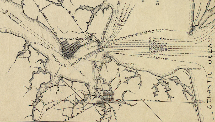 when Jamestown commemorated its 300th anniversary in 1907, there was scheduled steamship service from Hampton Roads to London, Liverpool, Amsterdam, Hamburg, Bremen, as well as North American ports